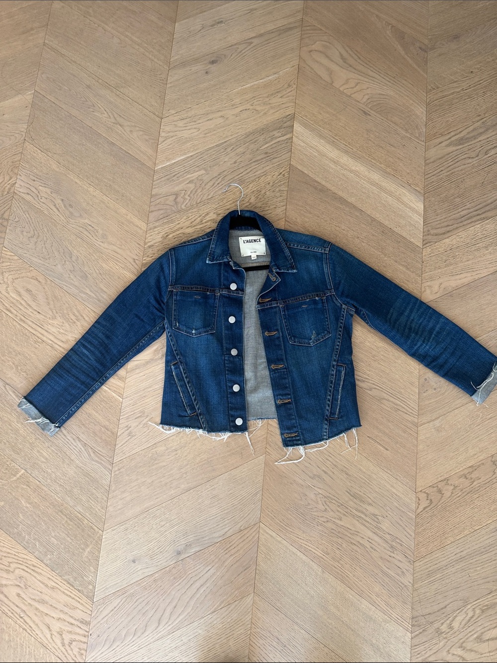 L'AGENCE Dark Blue Raw-Hem Denim Trucker Jacket